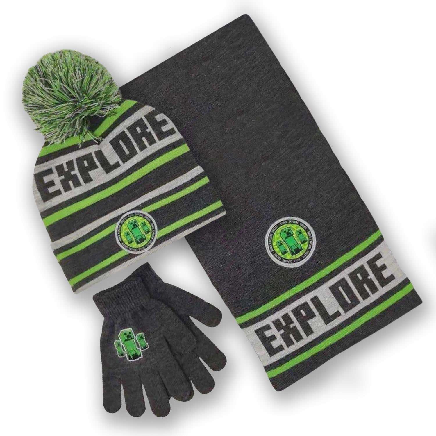 Minecraft Explore Bobble Hat Gloves & Scarf Set
